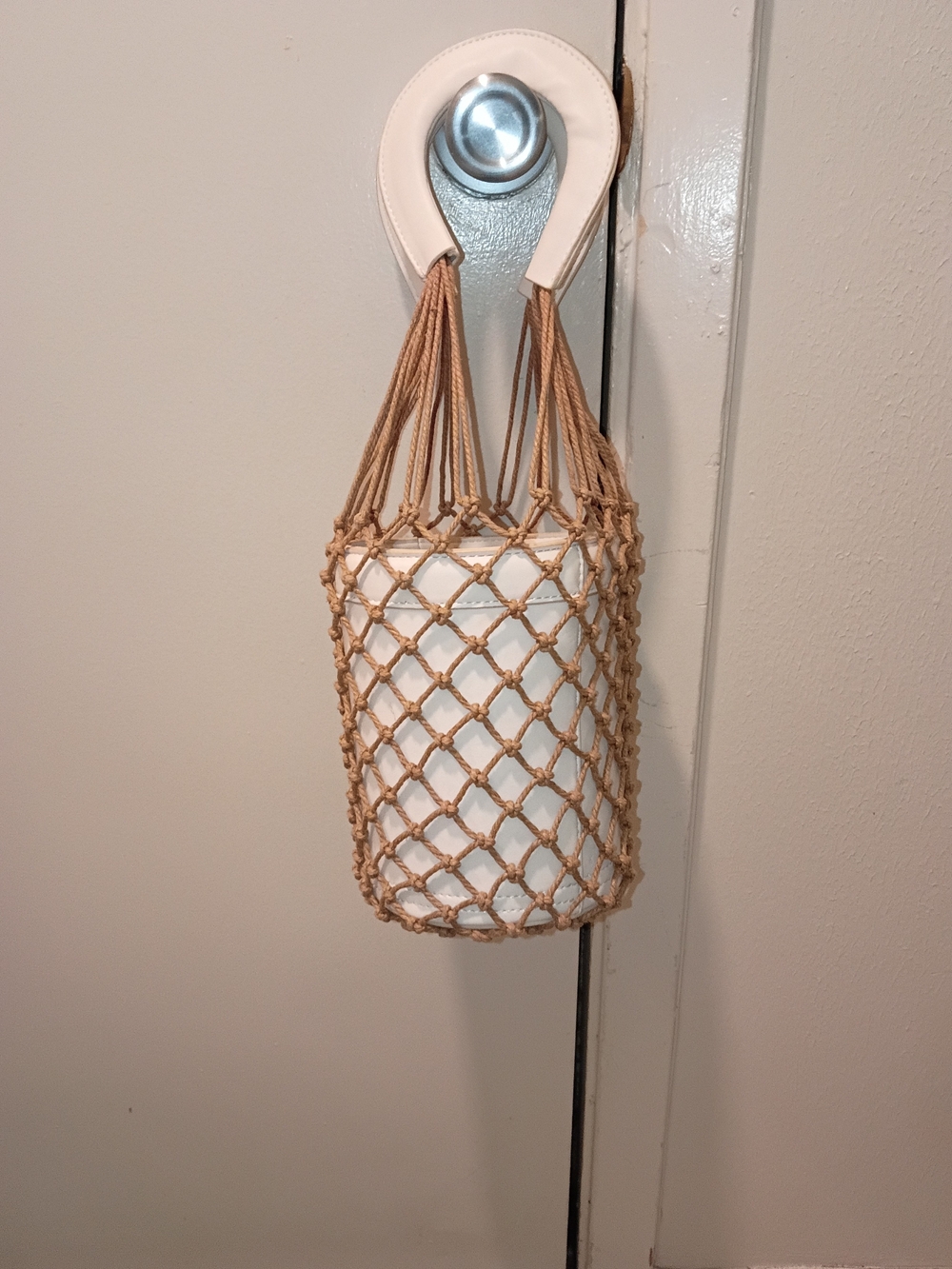 Tan Woven Net Tote with Inner Pouch